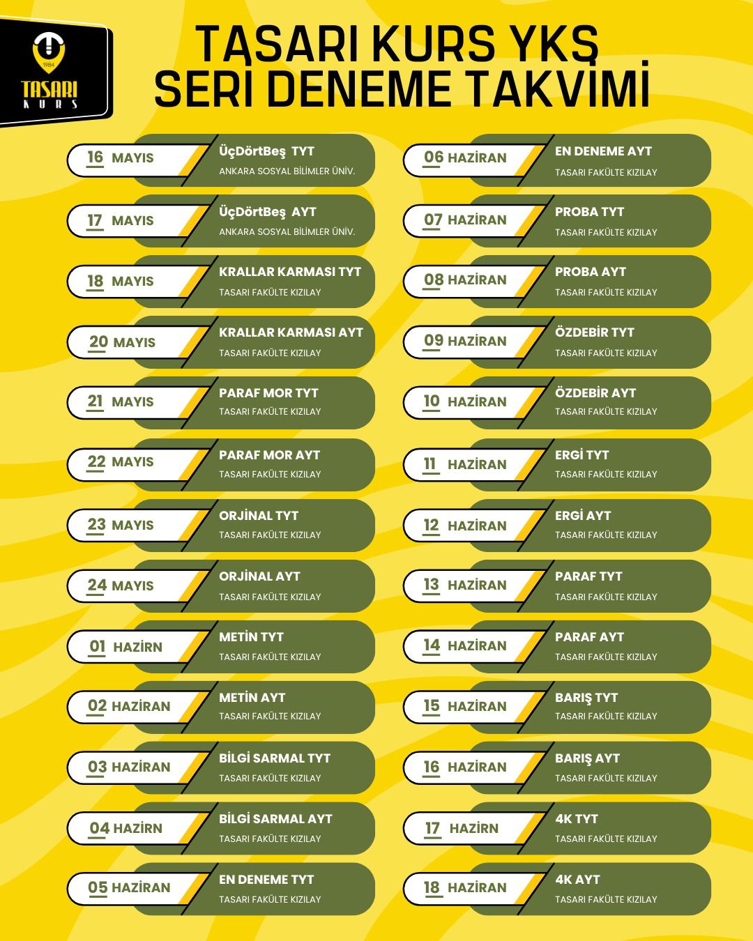 tasarı kurs yks seri deneme takvimi